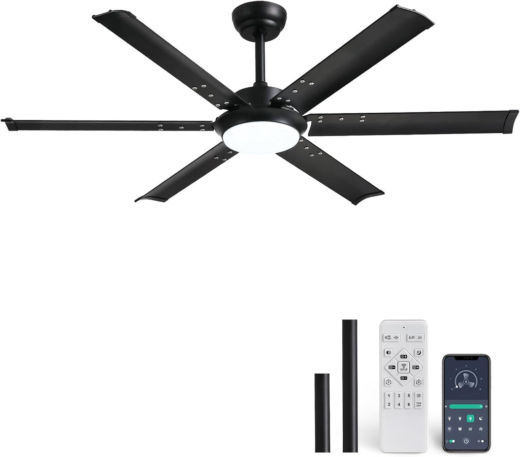52 Inch Modern Ceiling Fan with Lights & Remote Control, 3CCT, Black Industrial Ceiling Fan, Aluminum Fandelier Dimmable, Reversible 6 Speed Quiet for Living Room Patio Bedroom Dining Room