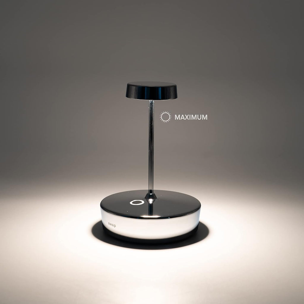Zafferano, Swap Mini Lamp with Glossy Chrome Finish, Rechargeable Cordless Table Lamp with Touch Controls, Usable as an Indoor Lamp, Dimmer, 2700 K, Height 14.8 cm