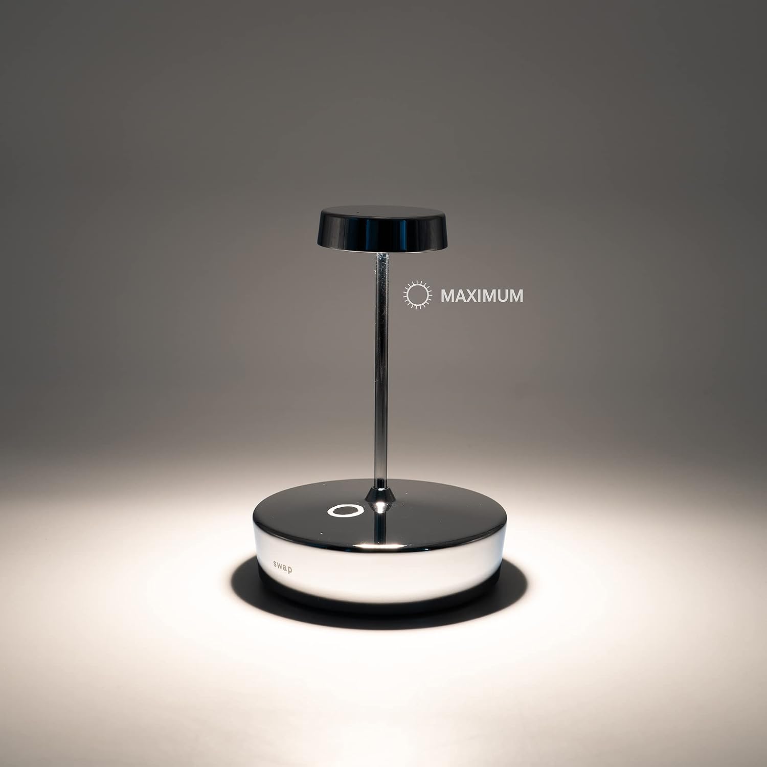 Zafferano, Swap Mini Lamp with Glossy Chrome Finish, Rechargeable Cordless Table Lamp with Touch Controls, Usable as an Indoor Lamp, Dimmer, 2700 K, Height 14.8 cm