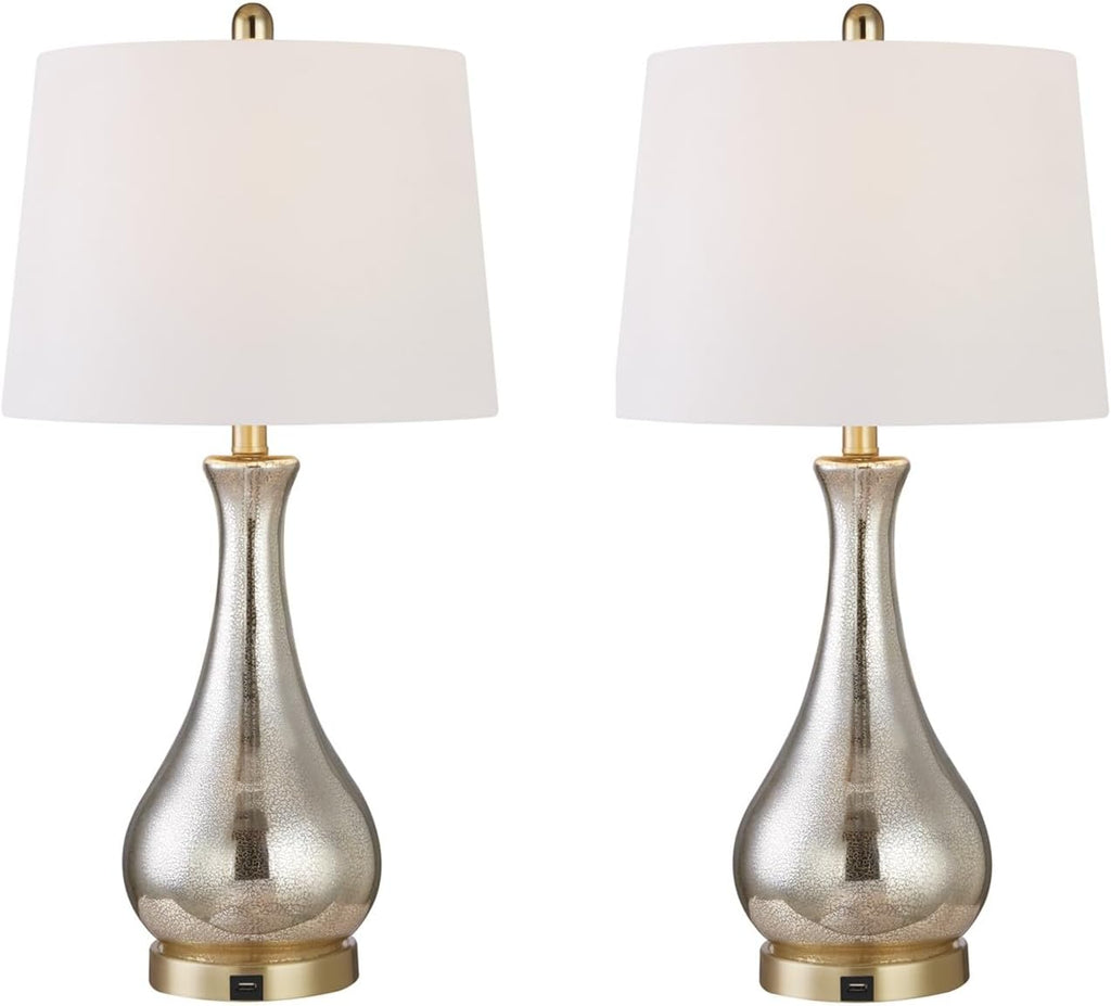 Maxax Set of 2 Glass Table Lamps for Living Room, 26' Gold Bedside Nightstand Lamps with USB Ports, 3 Way Dimmable Mercury Glass Bedroom Lamps with White Shade for Bedroom, ETL Certified