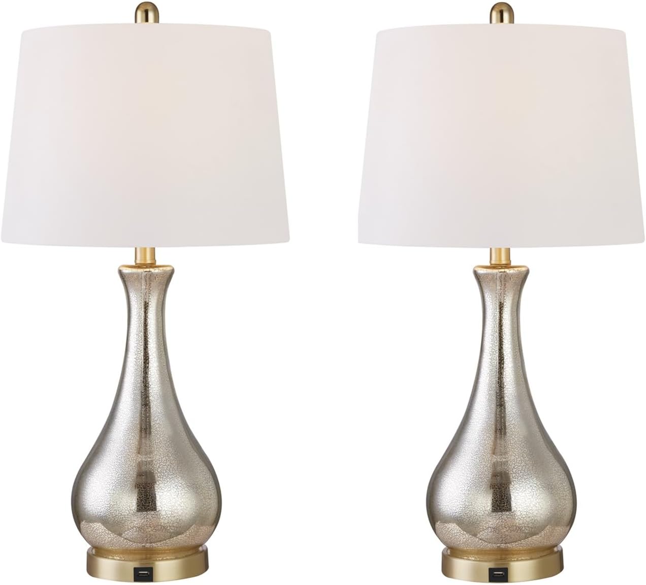 Maxax Set of 2 Glass Table Lamps for Living Room, 26' Gold Bedside Nightstand Lamps with USB Ports, 3 Way Dimmable Mercury Glass Bedroom Lamps with White Shade for Bedroom, ETL Certified