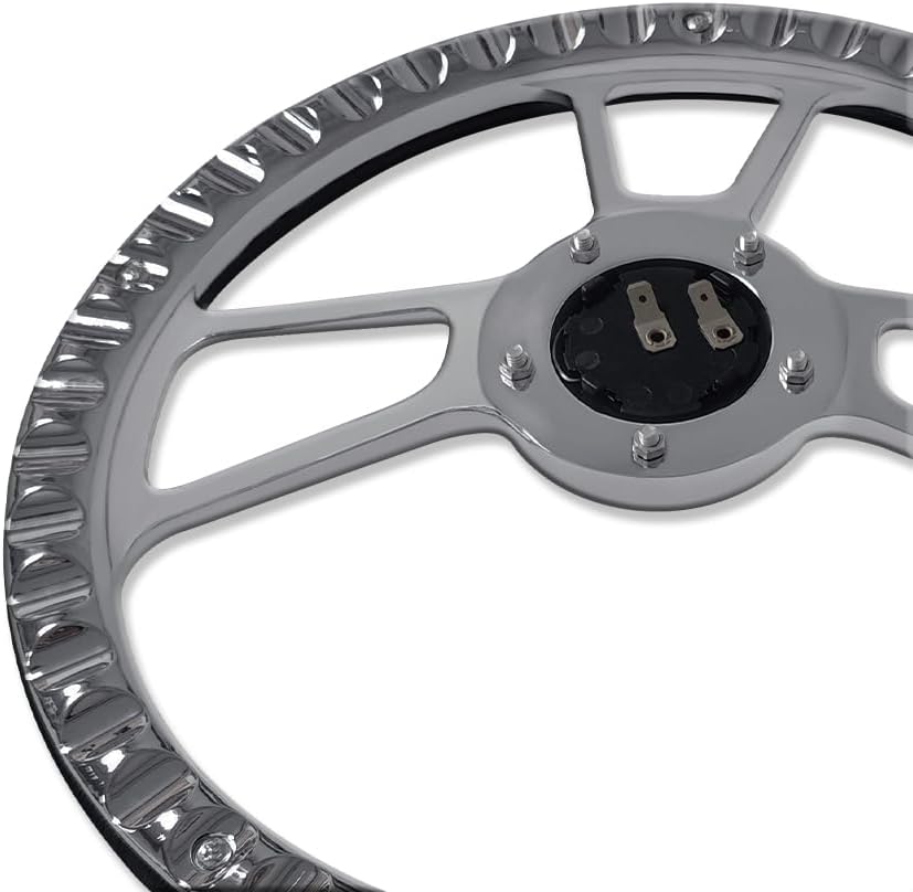 Chrome 14' Billet Aluminum 5 Holes Steering Wheel Split Tri Spoke Style with Black Leather Half Wrap & Horn Button