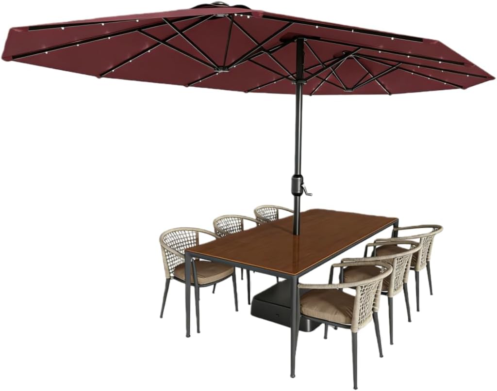 Garvee 15 ft Rectangular Patio Umbrella with Solar Lights & Base Included - Large Patio Umbrella with Crank Handle 36 LED Lights, UV Protection for Outdoor Market, Backyard, Deck, Pool, Burgundy
