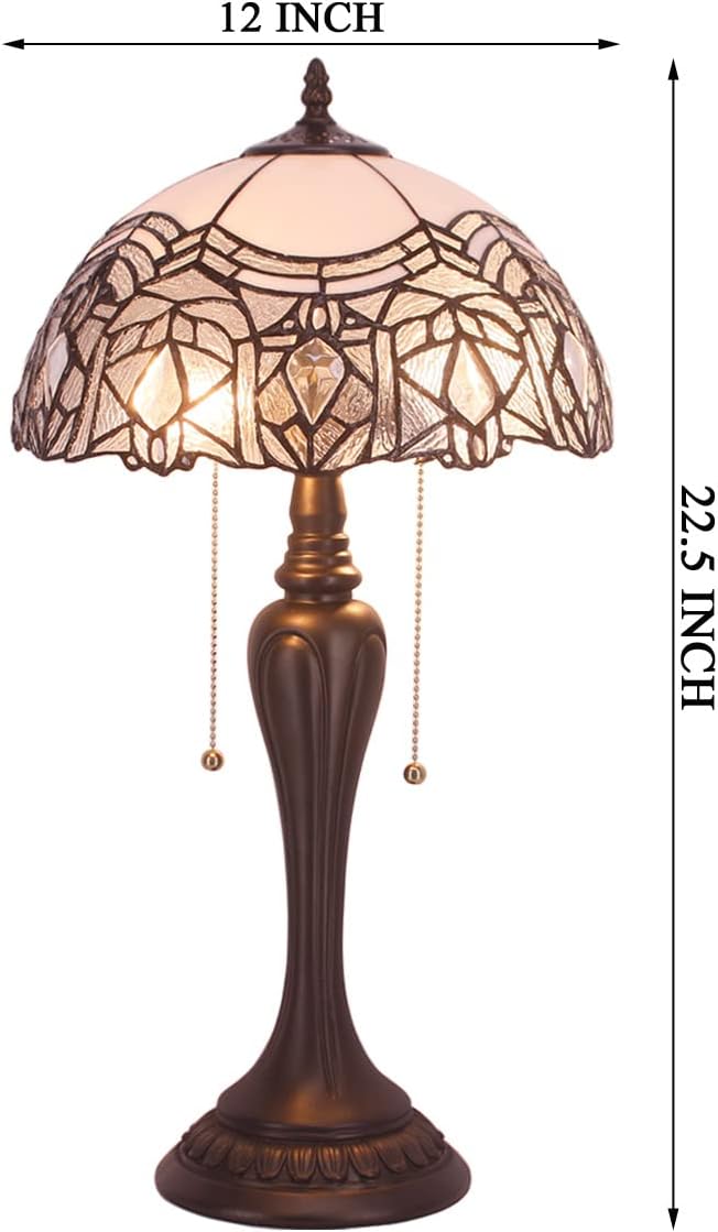 WERFACTORY Tiffany Lamp White Bent Stained Glass Crystal Table Lamp Bedside Desk Reading Light 12X12X22 Inches Decor Bedroom Living Room Home Office S508W Series
