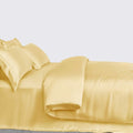 100% Pure Silk Sateen Sheet Set |7 Pcs|Fitted Sheet Fits Up to 15' Deep Pocket Mattress|Flat Sheet Fitted Sheet Duvet Pillowcase Set|Wrinkle Free Fade Resistant (Queen, Gold)