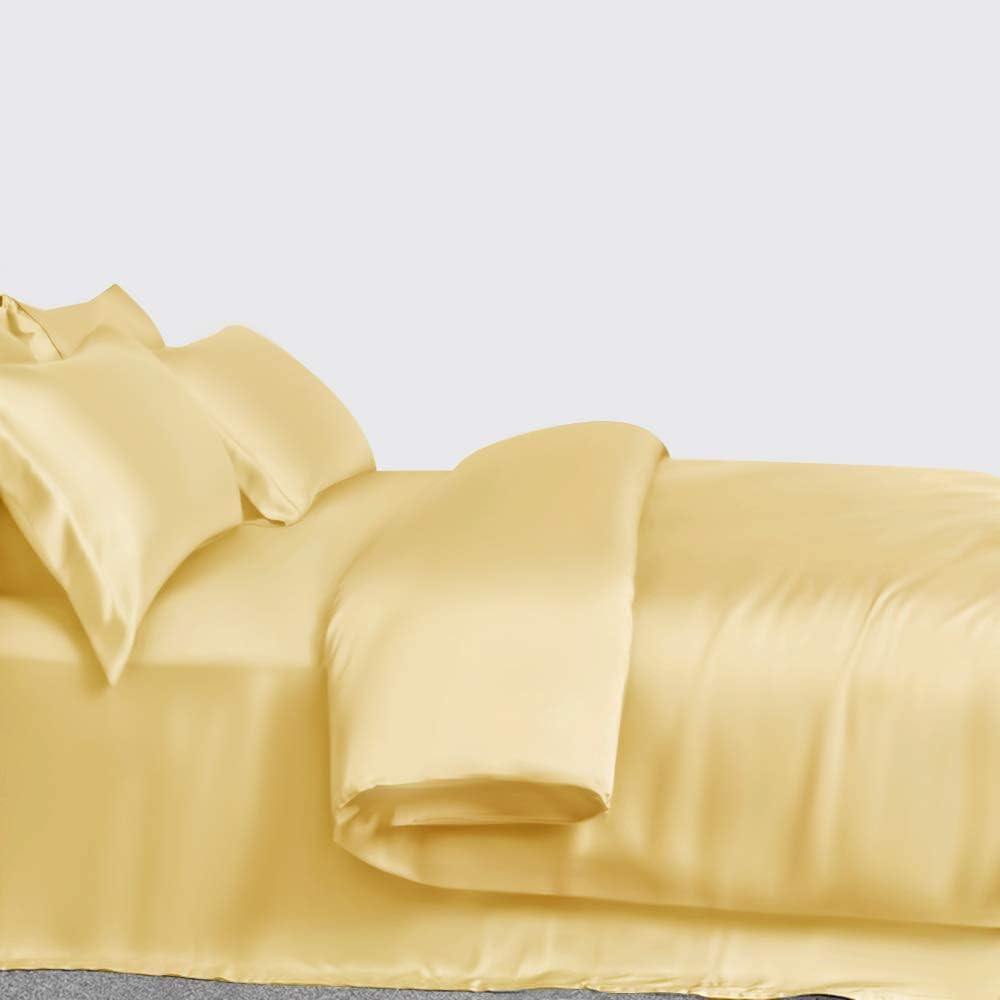100% Pure Silk Sateen Sheet Set |7 Pcs|Fitted Sheet Fits Up to 15' Deep Pocket Mattress|Flat Sheet Fitted Sheet Duvet Pillowcase Set|Wrinkle Free Fade Resistant (Full, Gold)