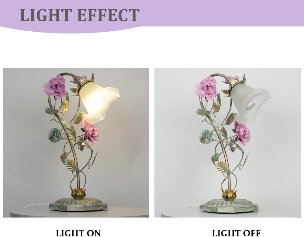 Meefad Floral Table Lamp, Elegant Bedside Nightstand Lamps with Glass Shade, Girls Night Light for Small Desk Bedroom Living Room
