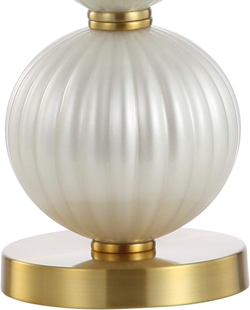 JONATHAN Y 33.7' White Iridescent Fluted Glass Table Lamp, Contemporary Glam Bedside Lamp with Brass Gold Base and White Faux Silk Shade, LED Bulb Included JYL2071A