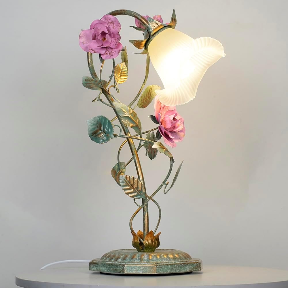 Meefad Floral Table Lamp, Elegant Bedside Nightstand Lamps with Glass Shade, Girls Night Light for Small Desk Bedroom Living Room