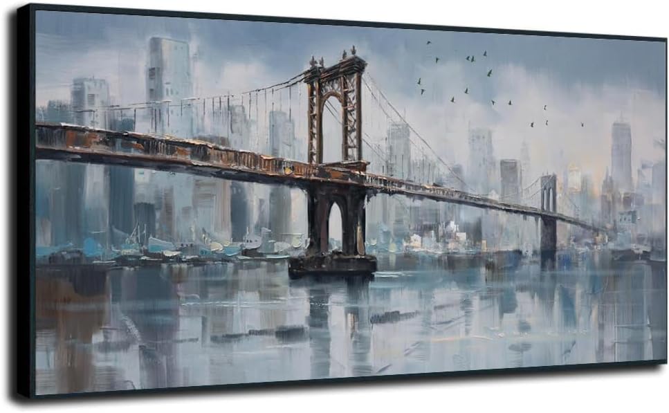 Enartly Framed NYC Brooklyn Bridge Wall Art for Lving Room, Large Skyline New York City Canvas Painting Modern Bridge Grey Picture for Bedroom Hallway Home Office Wall Decor, Black Framed 58'x29'