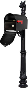 LMPST-E1-LKIT-701-BLK Lewiston Rust Free Cast Aluminum Locking Mailbox System with Economy Mailbox, Post, Decorative Horsehead Finial & Ornate Base, Black