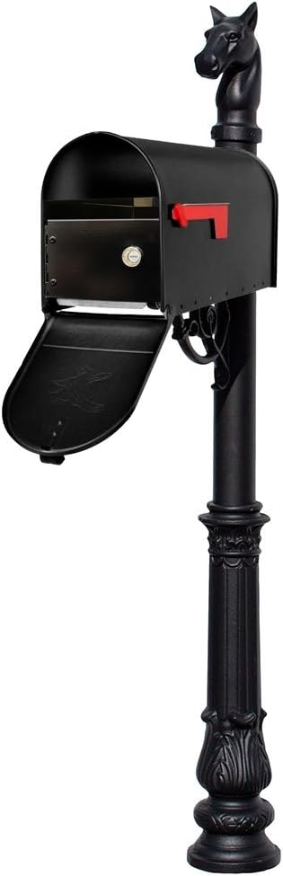 LMPST-E1-LKIT-701-BLK Lewiston Rust Free Cast Aluminum Locking Mailbox System with Economy Mailbox, Post, Decorative Horsehead Finial & Ornate Base, Black