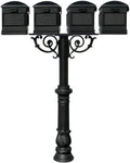 The Hanford Rust Free Cast Aluminum Quad Mailbox Post System with Ornate Base, 4 Lewiston Mailboxes, Mounting Bracket and Scroll Supports, Ships in 2 Boxes