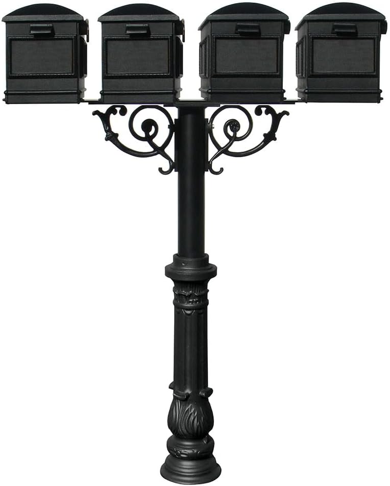 The Hanford Rust Free Cast Aluminum Quad Mailbox Post System with Ornate Base, 4 Lewiston Mailboxes, Mounting Bracket and Scroll Supports, Ships in 2 Boxes
