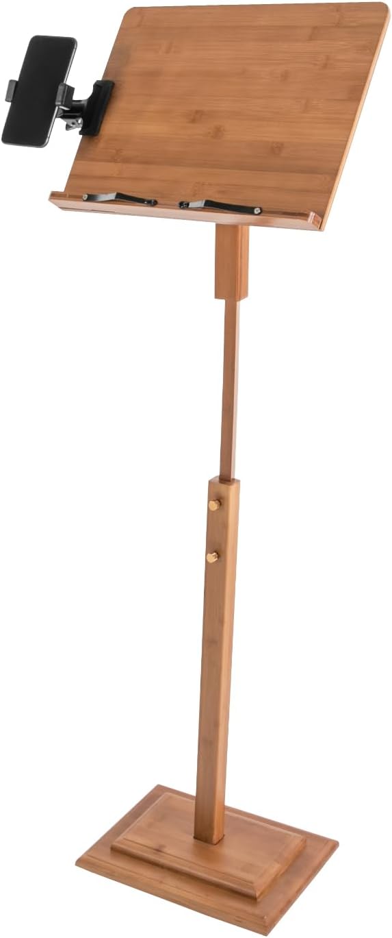 Bamboo Music Stand Adjustable Height Sheet Music Stand with Mobile Phone Holder, Anti-slip Foot Pads, Freestanding Music Stand 340° Rotatable Music Holder Rack (100-130cm)
