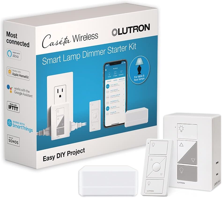Lutron Caseta Smart Plug Start Kit for Lamps, Plug-in Lamp Dimmer Switch with Smart Bridge and Pico Remote, Compatible with Alexa, Apple HomeKit, and The Google Assistant, P-BDG-PKG1P, White