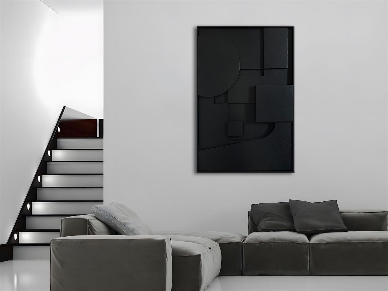 Slyart Black Textured Wall Art, Handmade Contemporary Art 3D Abstract Relief Painting, Framed Thick Texture Vertical Wall Art 24x36 Inch