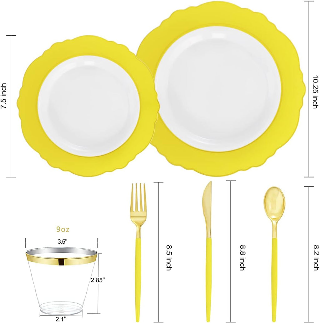 WDF 150pieces Yellow Disposable Dinnerware Hign-end Baroque Design - Sturdy&Durable Baroque Yellow Sunshine&Gold Plastic Dinnerware for Upscale Wedding & Thanksgiving Parties (Pack of 2)
