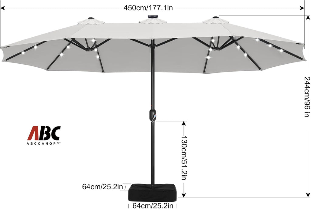 ABCCANOPY 15ft Umbrella Outdoor Patio Solar Lights with Base, Outdoor Double-Sided Rectangle Umbrella for Poolside, Lawn, Backyard (Light Gray)