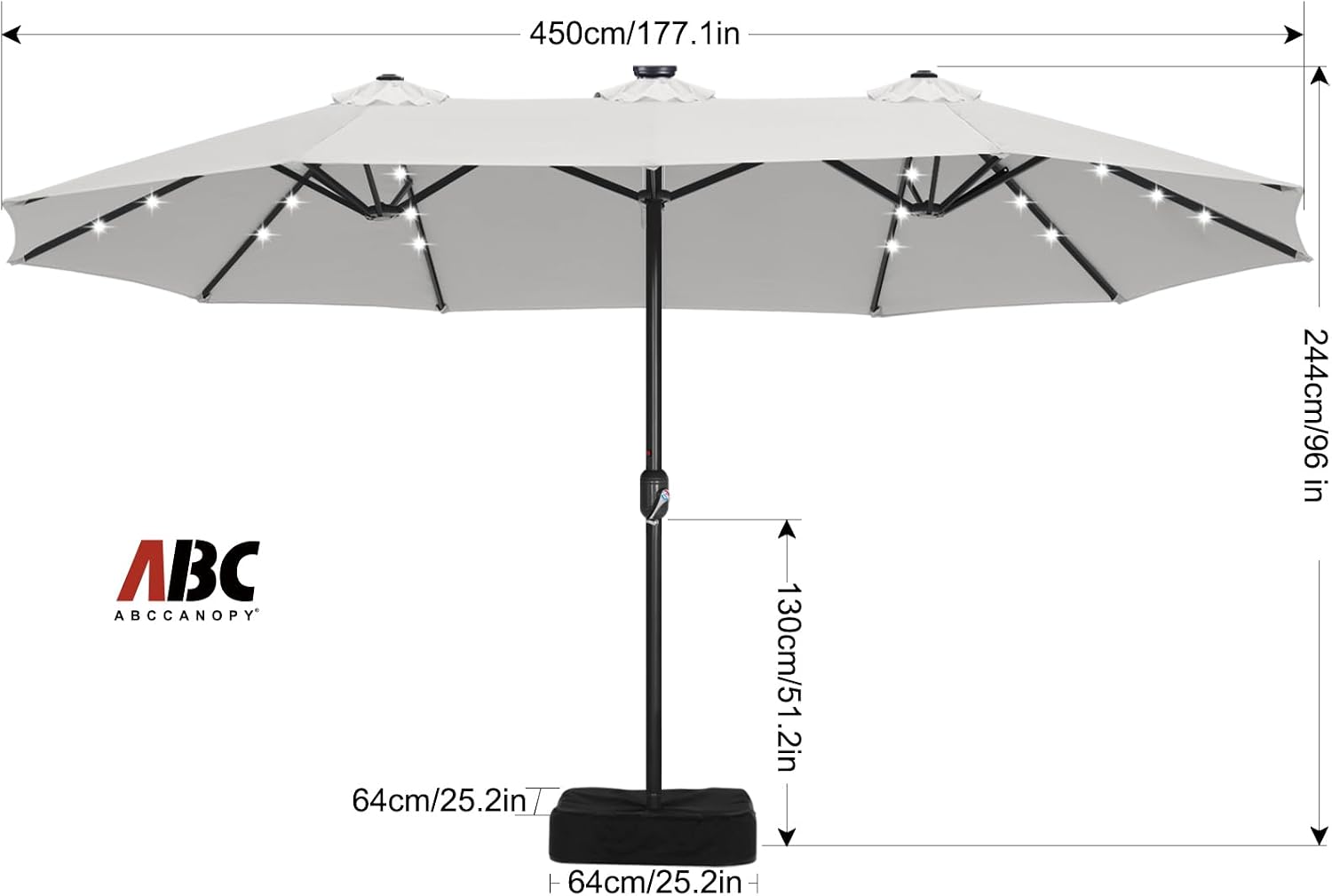 ABCCANOPY 15ft Umbrella Outdoor Patio Solar Lights with Base, Outdoor Double-Sided Rectangle Umbrella for Poolside, Lawn, Backyard (Light Gray)