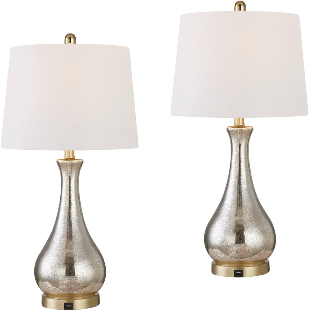 Maxax Set of 2 Glass Table Lamps for Living Room, 26' Gold Bedside Nightstand Lamps with USB Ports, 3 Way Dimmable Mercury Glass Bedroom Lamps with White Shade for Bedroom, ETL Certified