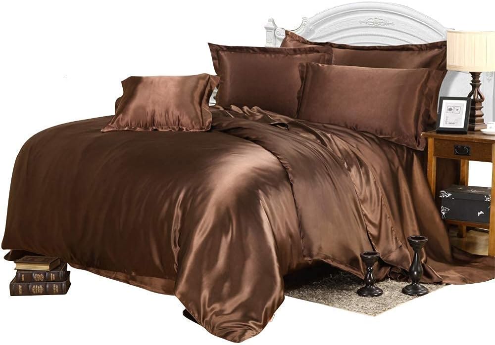 100% Pure Silk Sateen Sheet Set |7 Pcs|Fitted Sheet Fits Up to 15' Deep Pocket Mattress|Flat Sheet Fitted Sheet Duvet Pillowcase Set|Wrinkle Free Fade Resistant (Twin, Chocolate)