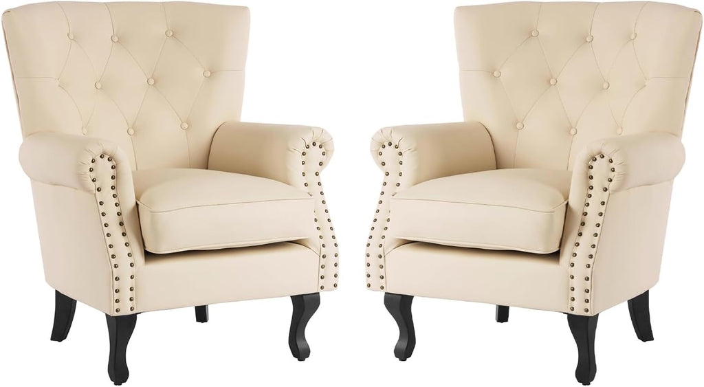 MOJAY PU Leather Accent Chair Set of 2, Modern Armchair Living Room Chair, Upholstered Club Chair with Rivet Trim, Mid-Century Sofa Chair with Sturdy Wood Legs for Bedroom (Ivory White)