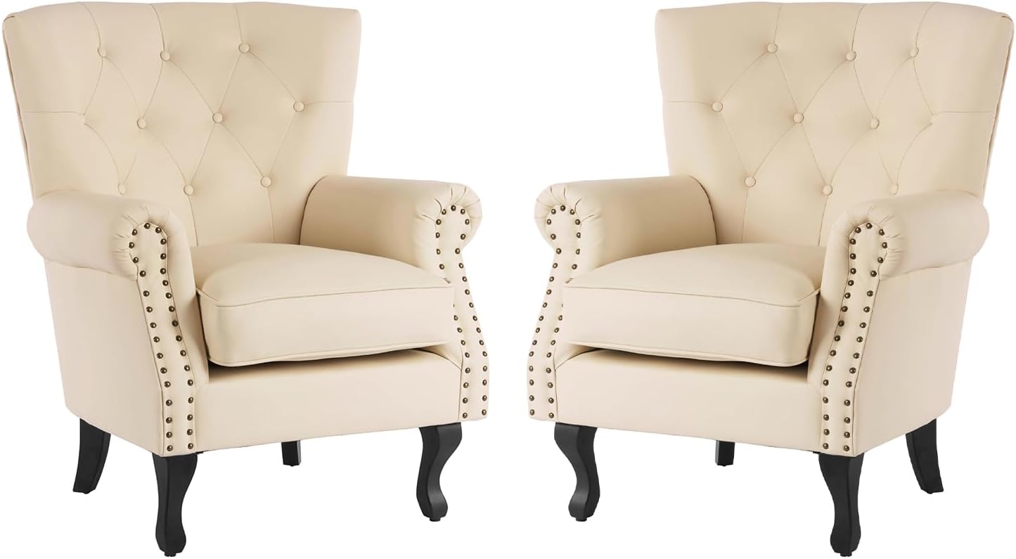 MOJAY PU Leather Accent Chair Set of 2, Modern Armchair Living Room Chair, Upholstered Club Chair with Rivet Trim, Mid-Century Sofa Chair with Sturdy Wood Legs for Bedroom (Ivory White)