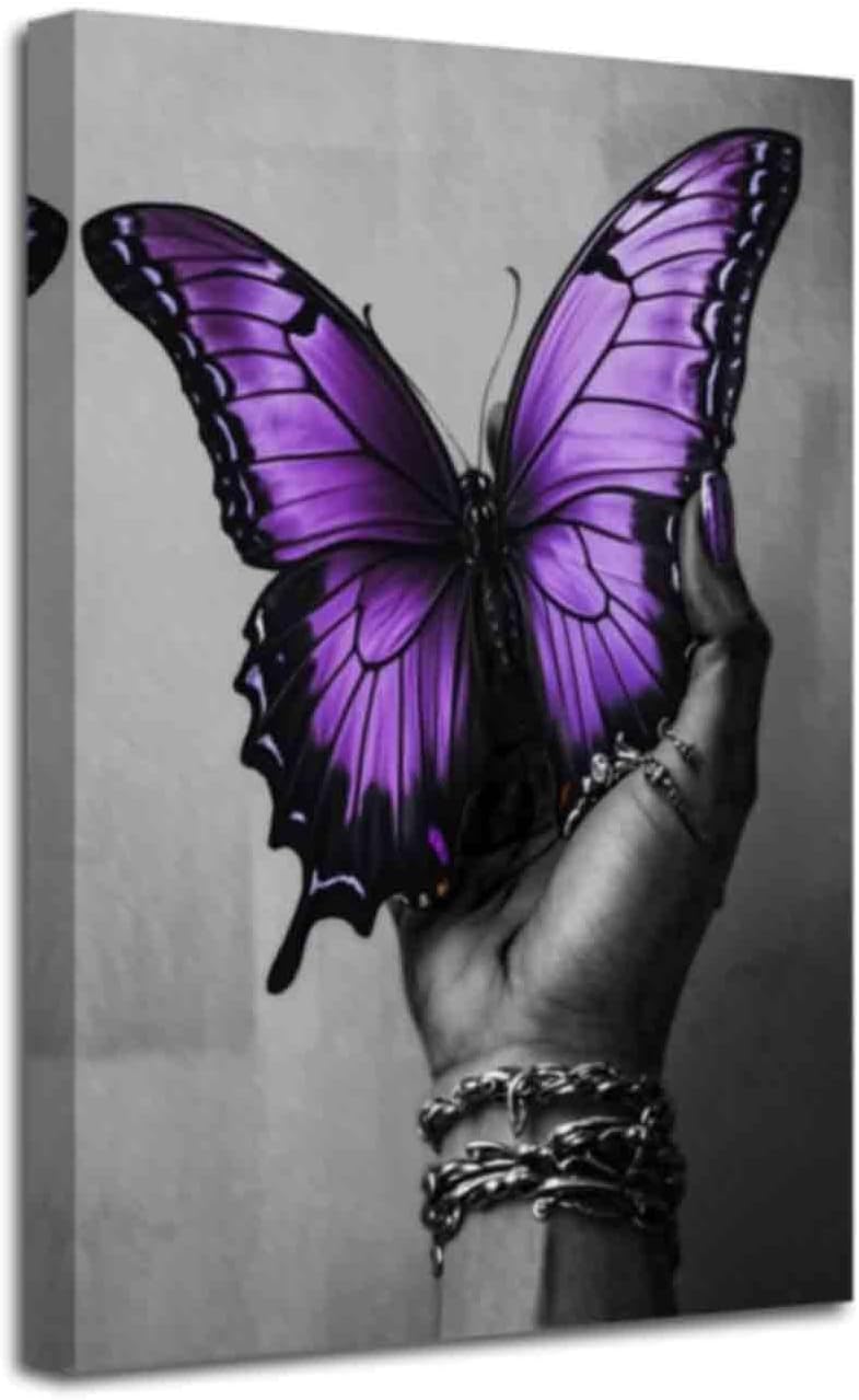 AWPANERAR Abstract Women Canvas Wall Art Black Woman Hand and Butterfly Picture Prints Black Girl and Butterfly Painting African American Artwork Bedroom Decor Framed (Purple, (42L x 28W))