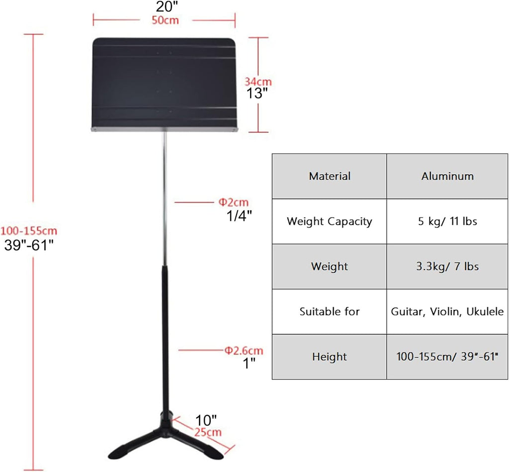Extra Tall Sheet Music Stand, Lightweight Black Aluminum, Floor Standing Sturdy Compact Drum Viola Books Holder Support, Adjustable Height