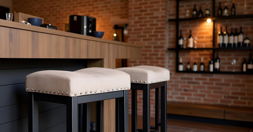 OUllUO Bar Stools Set of 2, 25 Inches Counter Height Bar Stools, Taupe Fabric Saddle Seat Bar Stools with Nailhead, Black Metal Kitchen Barstools for Kitchen Counter, 918P-FBDR