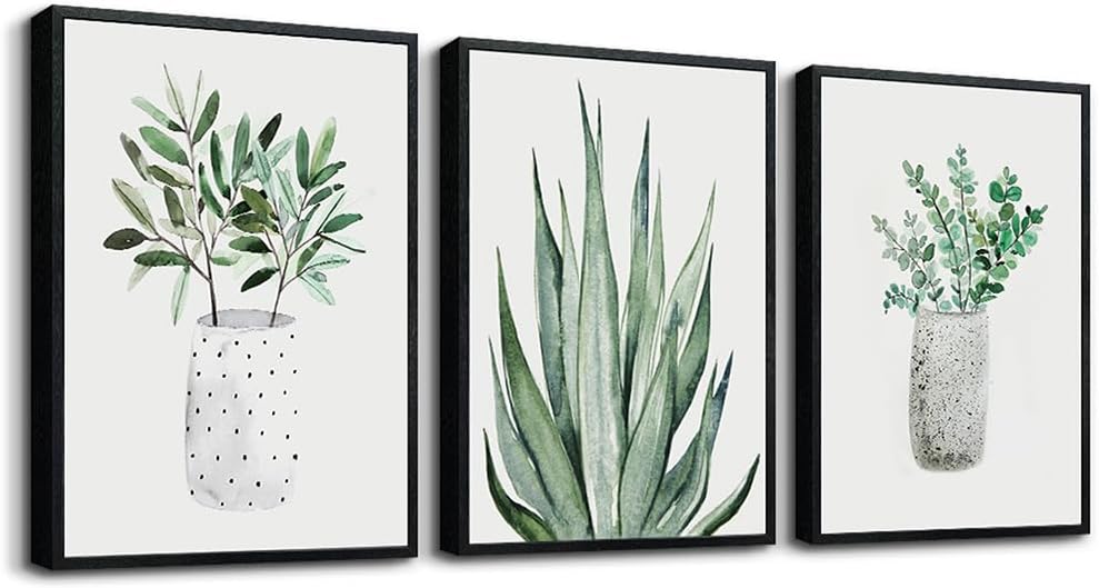 AHUASJART Black Framed Wall Decoration Living Room Wall Art Painting For Dining Room Large Wall Decor For Bedroom Kitchen Decor Art Green Leaf Pictures Artwork For Home Walls 3 Piece Art Prints