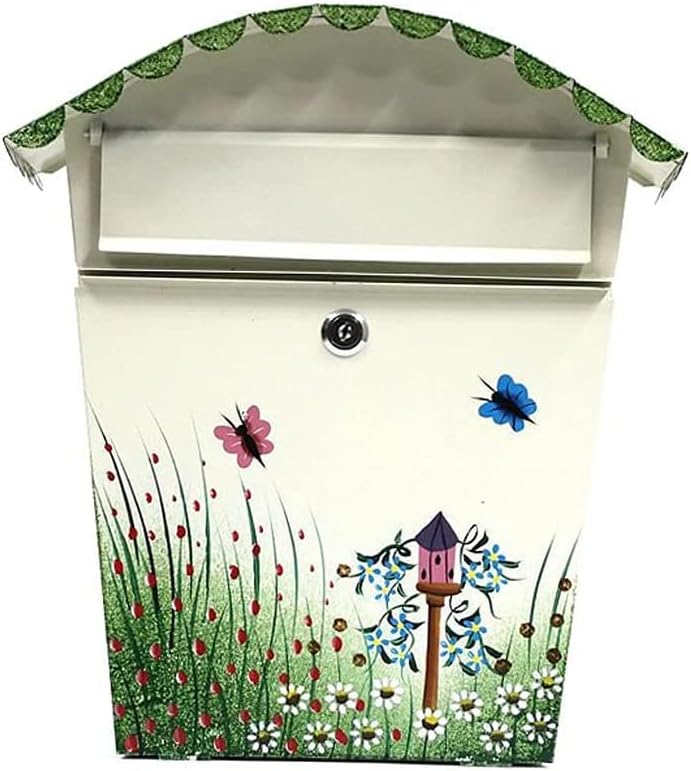 Outdoor Lockable Rustic Color Painting Patterns Metal Iron Mailbox Letter Holder Letterbox Post Box Home Garden Decoration(Color:Color 1)