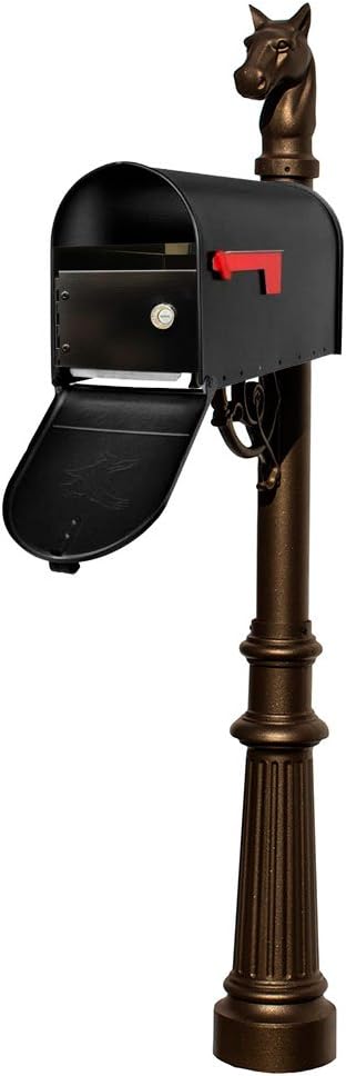 LMPST-E1-LKIT-801-BRZ Lewiston Rust Free Cast Aluminum Locking Mailbox System with Economy Mailbox, Post, Decorative Horsehead Finial & Fluted Base, Bronze