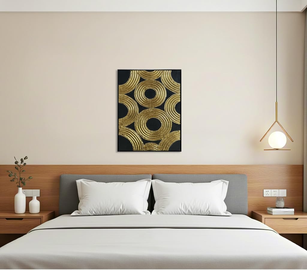 Boiee Art,24x36Inch Hand Painted Abstract Geometric Circle Oil Painting Gloden Textures Black Wall Decor Minimalist Wall Art Framed Acrylic Artwork for Living Room