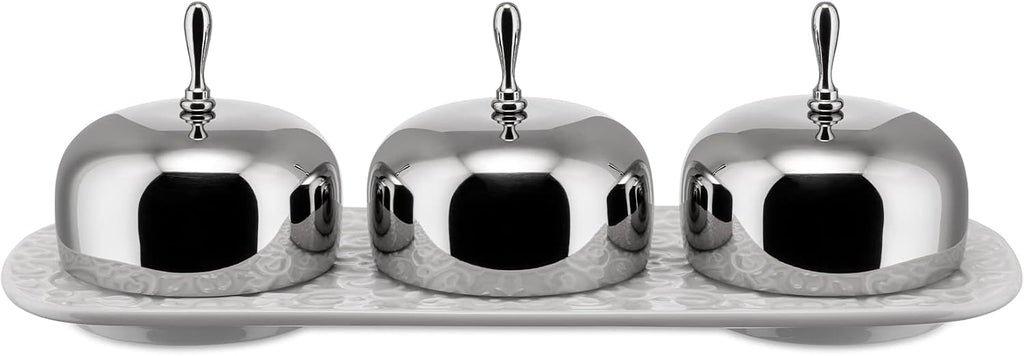 Alessi 'Dressed' Three-Section Jam Tray in Porcelain With Lids in 18/10 Stainless Steel Mirror Polished, White