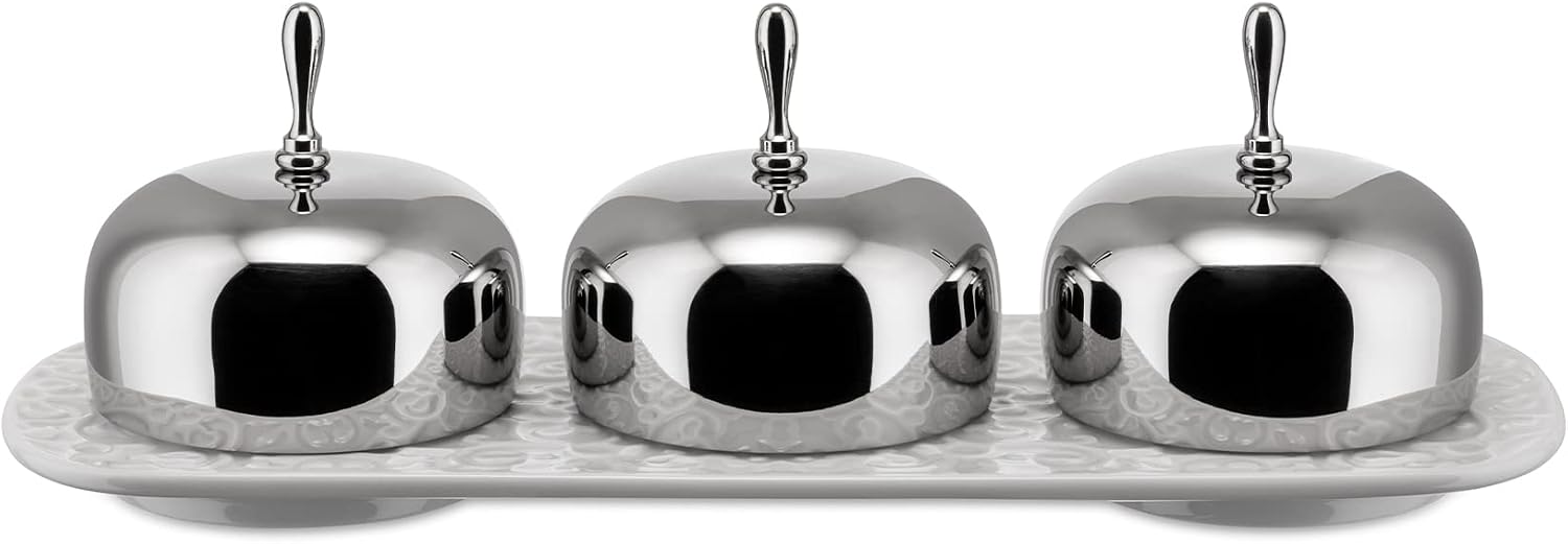 Alessi 'Dressed' Three-Section Jam Tray in Porcelain With Lids in 18/10 Stainless Steel Mirror Polished, White