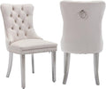 2 Piece Contemporary Velvet Upholstered Dining Chair with Chrome Stainless Steel Plating Legs, Nail Head Decro, Armless Tufted Dining Chair Fabric Dining Room Chair (Beige&Silver, Set of 2)