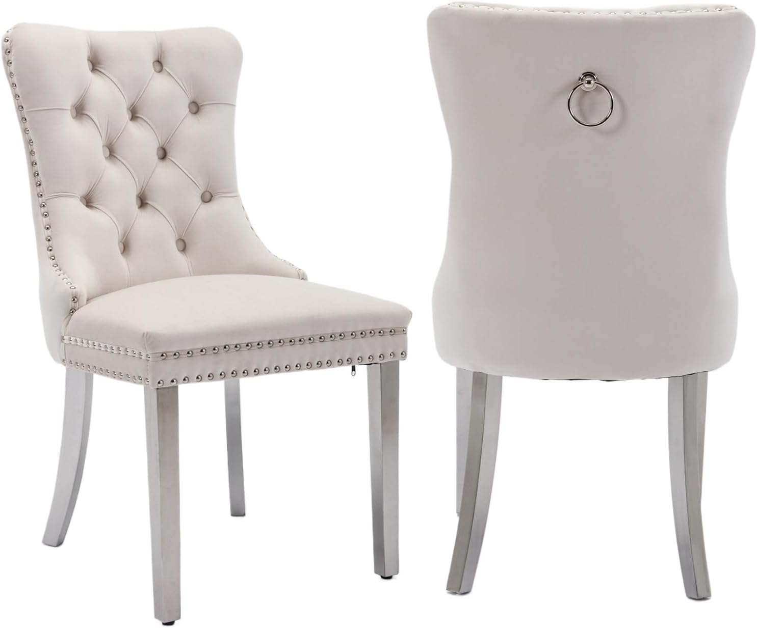 2 Piece Contemporary Velvet Upholstered Dining Chair with Chrome Stainless Steel Plating Legs, Nail Head Decro, Armless Tufted Dining Chair Fabric Dining Room Chair (Beige&Silver, Set of 2)