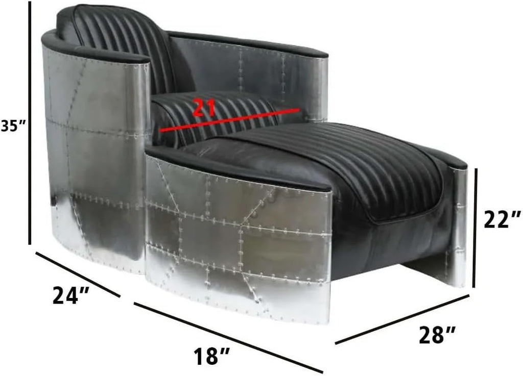 ARTIZANSTORE Aviator Armchair & Ottoman – Handmade Industrial Table Home and Office Decor Aluminum, Black Leather Lounge Chair.