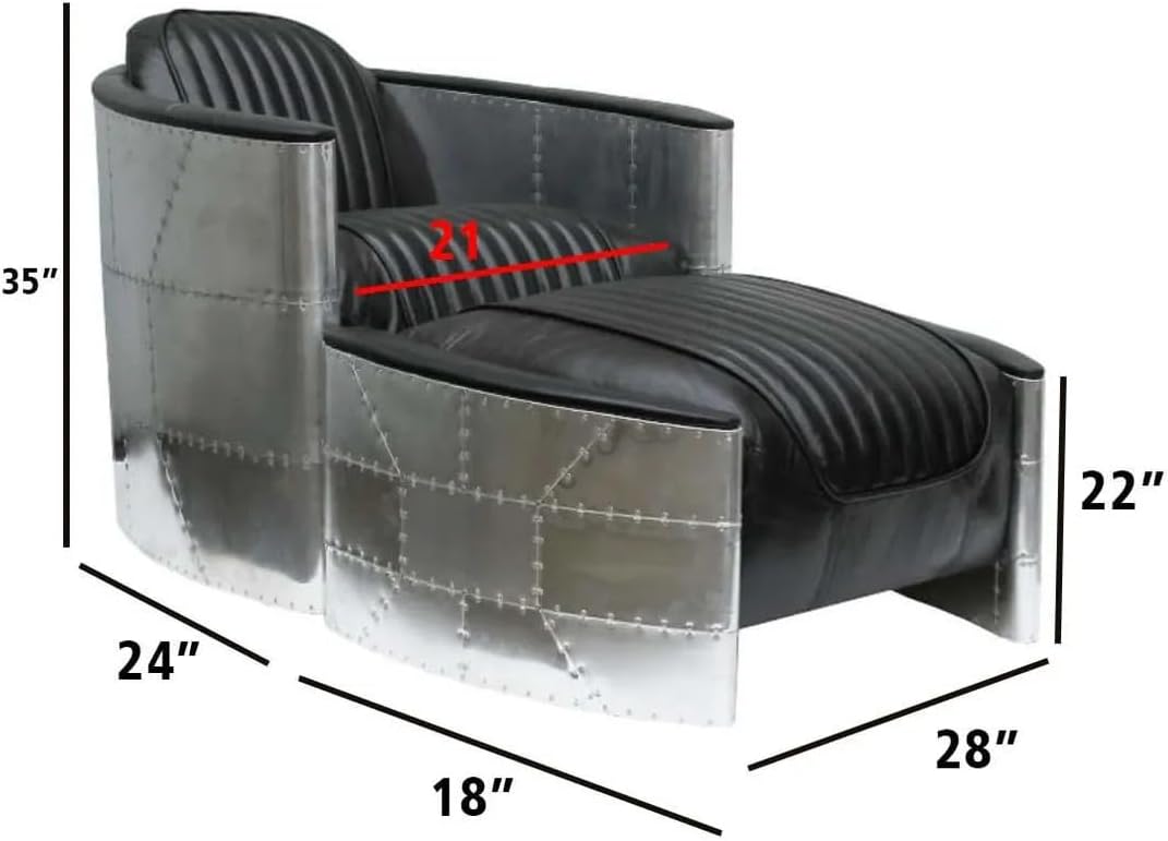 ARTIZANSTORE Aviator Armchair & Ottoman – Handmade Industrial Table Home and Office Decor Aluminum, Black Leather Lounge Chair.