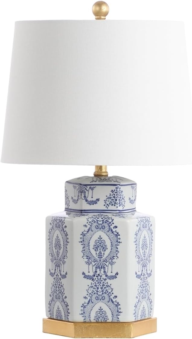 SAFAVIEH Lighting Collection – Bodin Set of 2 Blue & White Ceramic Table Lamps with Gold Leaf Accents, 23-Inch Bedroom or Living Room Lamps, LED Bulbs Included (TBL4150A-SET2)