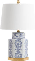 SAFAVIEH Lighting Collection – Bodin Set of 2 Blue & White Ceramic Table Lamps with Gold Leaf Accents, 23-Inch Bedroom or Living Room Lamps, LED Bulbs Included (TBL4150A-SET2)
