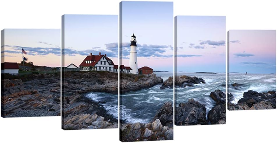 Wieco Art Portland Lighthouse 5 Piece Seascape Canvas Paintings Wall Art Extra Large Modern Ocean Sea Beach Giclee Canvas Prints Artwork Pictures Home Office Decoration for Living Room Bedroom XL