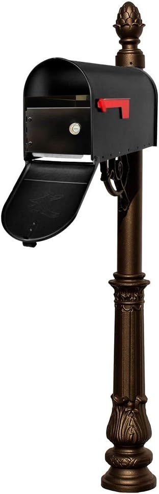 LMPST-E1-LKIT-703-BRZ Lewiston Rust Free Cast Aluminum Locking System with Economy Mailbox, Post, Decorative Pineapple Finial and Ornate Base, Bronze