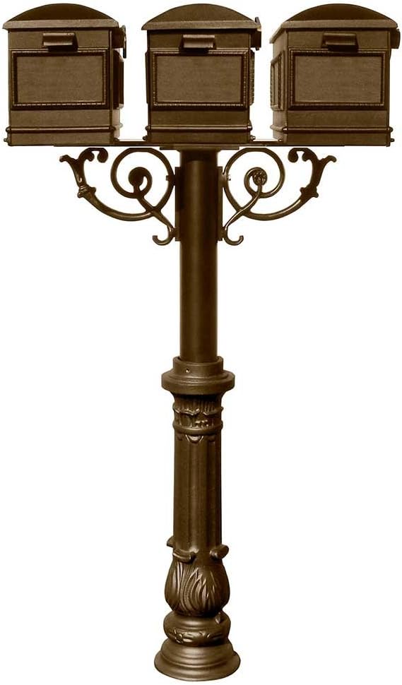 HPWS3-700-LM-BRZ Hanford Rust Free Cast Aluminum Triple Post System with Ornate Base, 3 Lewiston Mailboxes, 19.75' D x 28' W x 67.25' H, Bronze