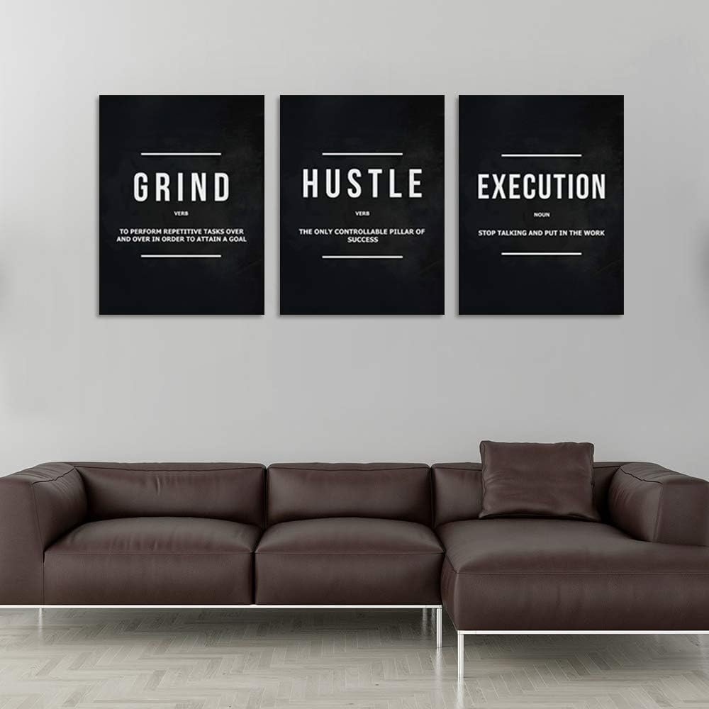 Motivational Office Wall Decor Inspirational Success Canvas Wall Art Hustle Posters Prints Entrepreneur Quote Wall Picture Paintings 3 Pieces Artwork Home Bedroom Framed Easy to Hang(72'Wx36'H)