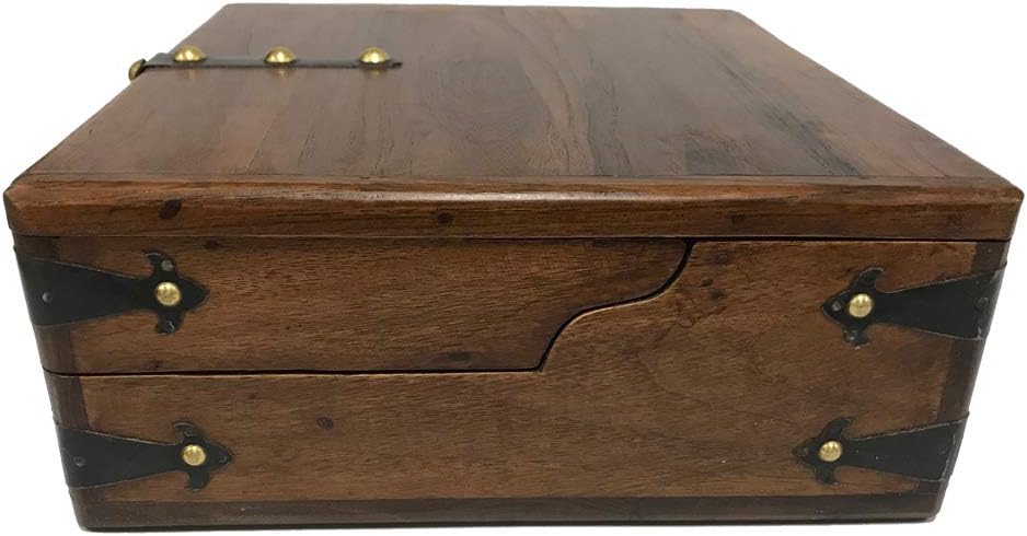 SCHOONER BAY 10-1/2' Colonial Style Distressed, Teak Wood Writing Box Reproduction with Accessories- Antique Reproduction