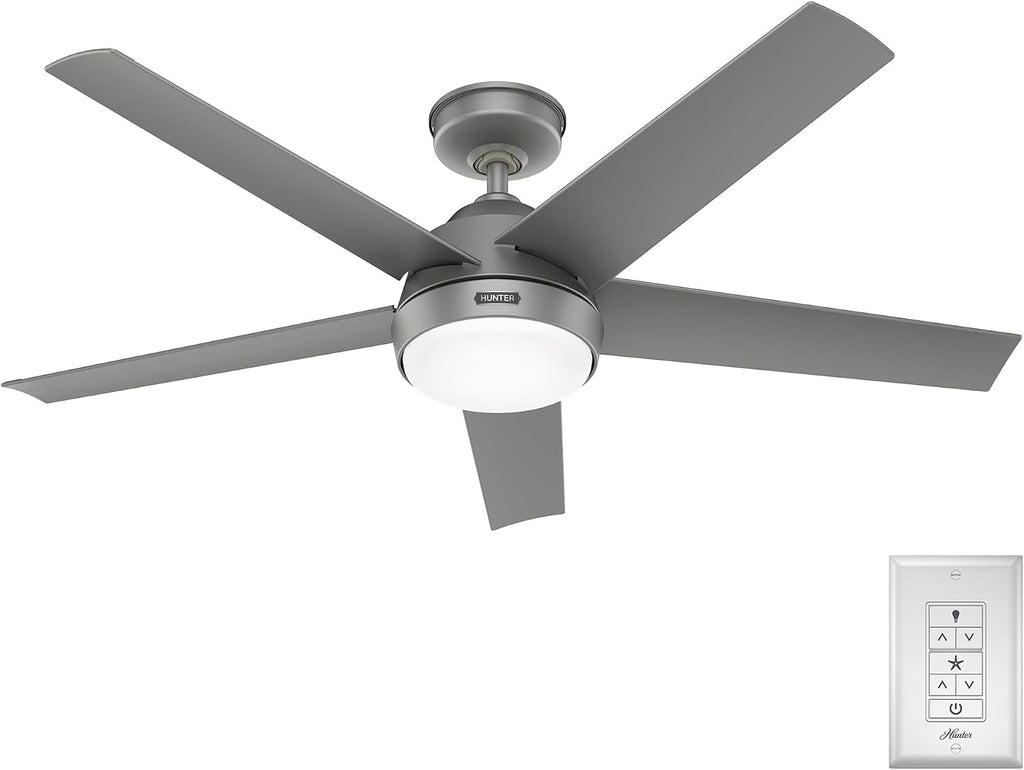 Hunter Skyflow 52 inch Indoor/Outdoor Ceiling Fan with Light and Wall Control, Matte Silver Ceiling Fan, 3 Speed WhisperWind Motor, 52612, for Coastal Patios, Pergolas, Bedrooms, or Living Rooms