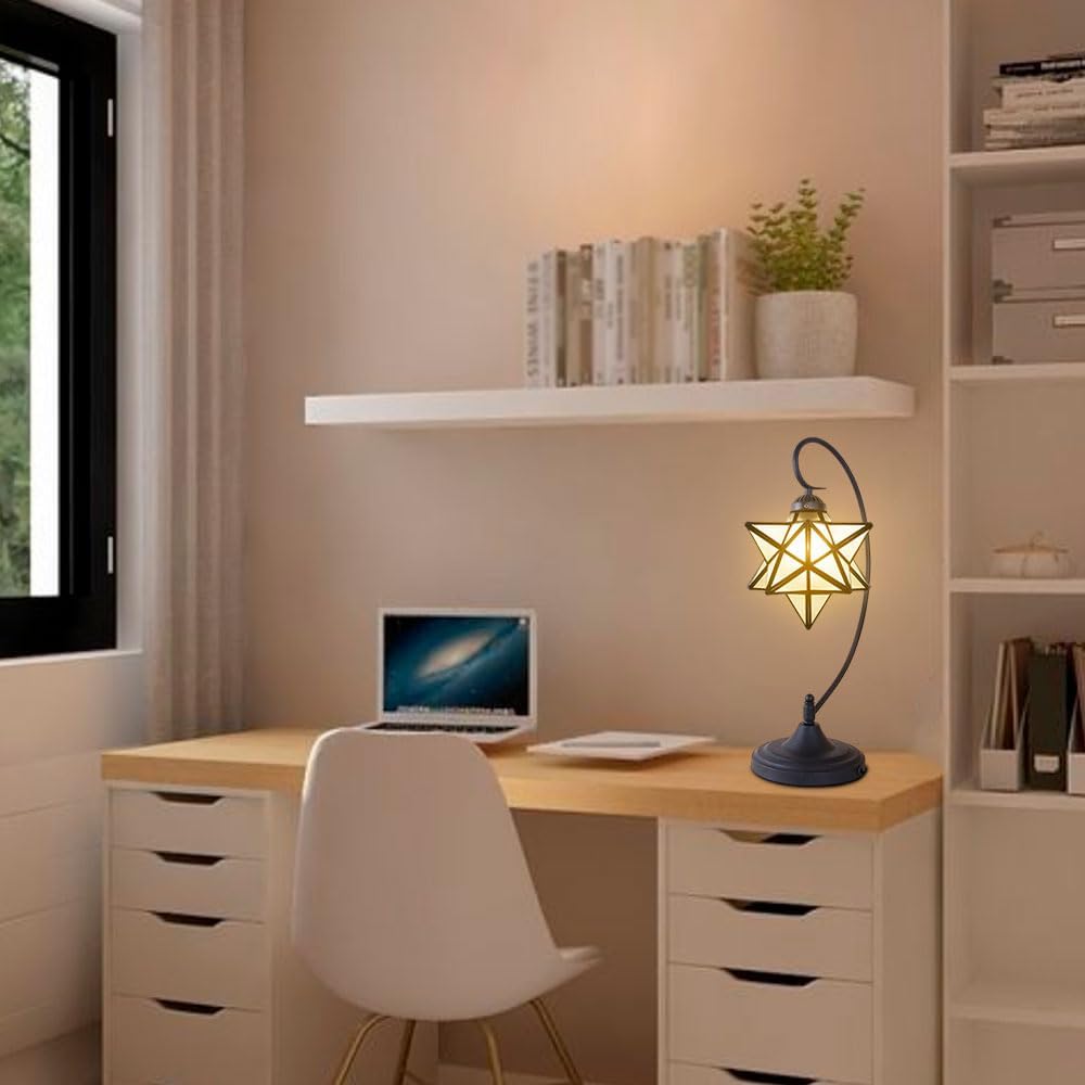 Glass Table Lamp Creative Star Table Light Modern Indoor Desk Light with Plug Bedroom Living Room Hotel Office Table Lamp Bedside Lights Black Metal Base